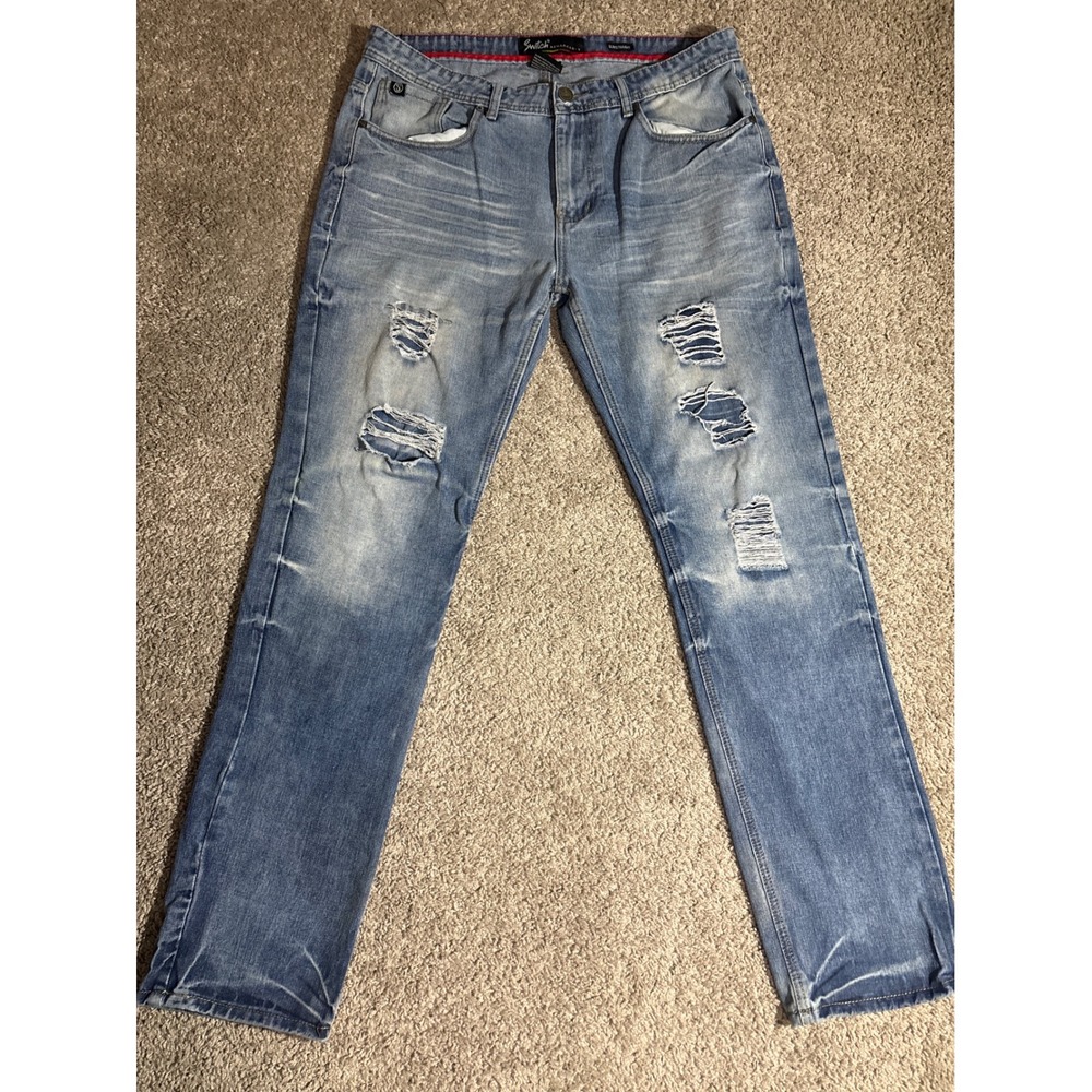 Y2K Switch Remarkable Mens Slim Straight Distressed Light Wash Blue Jeans 36x34